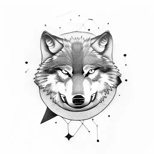 A wolf curled up on a pile of books, with a coffee mug placed on top of the books and steam forming the shape of coding symbols. tattoo design idea