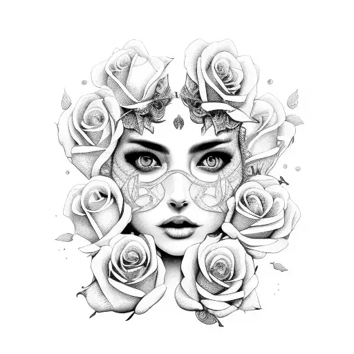 a woman's face framed by skulls of jellyfish and roses tattoo design idea