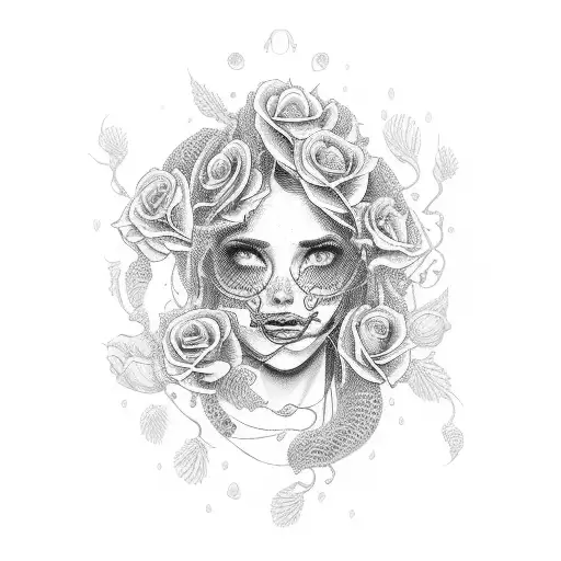 a woman's face framed by skulls of jellyfish and roses tattoo design idea