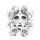 a woman's face framed by skulls of jellyfish and roses tattoo design idea