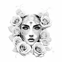 a woman's face framed by skulls of jellyfish and roses tattoo design idea
