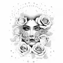 a woman's face framed by skulls of jellyfish and roses tattoo design idea