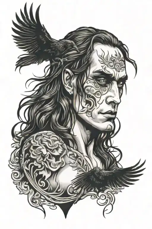 Brandon lee crow face  black sleeve tattoo design idea