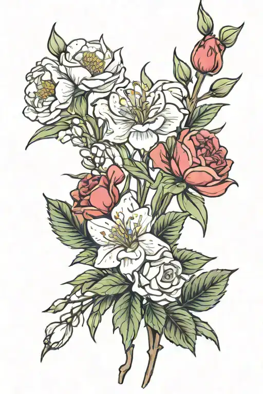 carnation, snowdrop, rose, honeysuckle's tattoo design idea