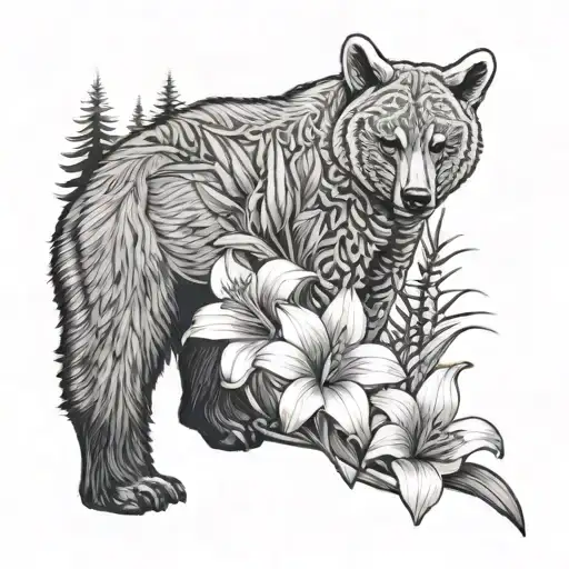 gladiolis flowers in the forest with a papa and baby bear tattoo design idea