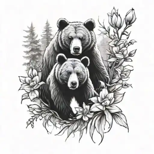 sleeve style tatto with a papa and baby bear in a forest with gladiolis flowers   tattoo design idea