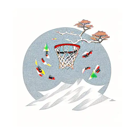 A minimalist basketball hoop surrounded by trees tattoo design idea