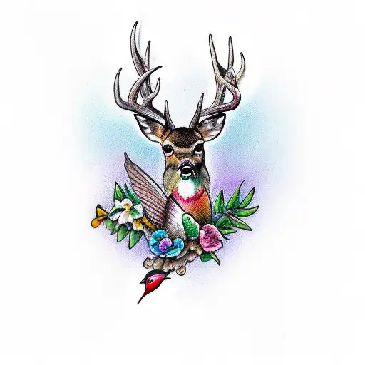 white tail deer with humming bird sitting on deer antler  tattoo design idea