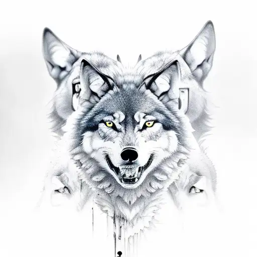 black 3 face wolves together, one howling, the second looking somewhere and thirs one snarling tattoo design idea