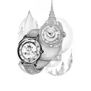 watch face with moon with north direction, abracadabra word, dragonfly, buddha tattoo design idea