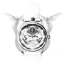 watch face with moon with north direction, abracadabra word, dragonfly, buddha tattoo design idea