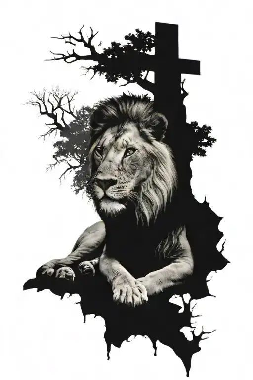 Christian lion with 3 crosses bellow it and tree line tattoo design idea