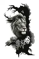Christian lion with 3 crosses bellow it and tree line tattoo design idea