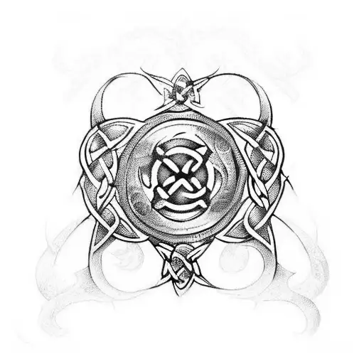 celtic tattoo style, Marika and Radagon from Elden Ring fused, symbol of Golden Order behind tattoo design idea