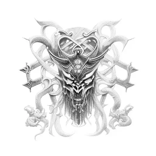  Marika and Radagon from Elden Ring fused, symbol of Golden Order behind tattoo design idea