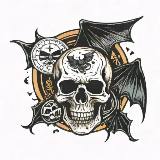 skull with bats flying, scary pumpkin and haunted tarot cards  tattoo design idea