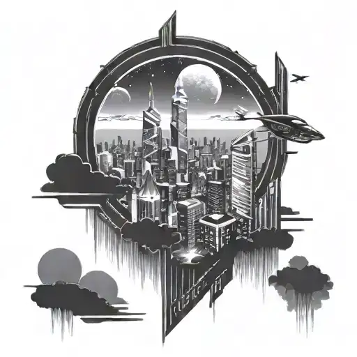 A futuristic cityscape with towering skyscrapers, flying cars, and neon lights illuminating the night sky tattoo design idea