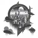 A futuristic cityscape with towering skyscrapers, flying cars, and neon lights illuminating the night sky tattoo design idea