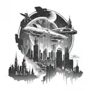 A futuristic cityscape with towering skyscrapers, flying cars, and neon lights illuminating the night sky tattoo design idea