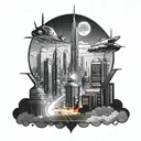 A futuristic cityscape with towering skyscrapers, flying cars, and neon lights illuminating the night sky tattoo design idea