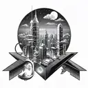 A futuristic cityscape with towering skyscrapers, flying cars, and neon lights illuminating the night sky tattoo design idea
