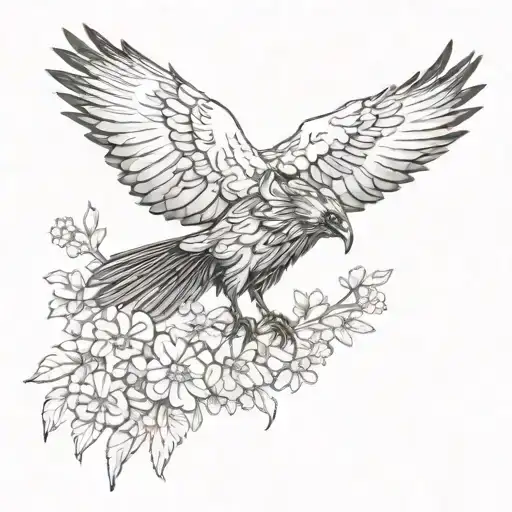 Raven with wing out  and flowers tattoo design idea
