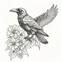 Raven with wing out  and flowers tattoo design idea