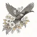 Raven with wing out  and flowers tattoo design idea