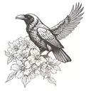 Raven with wing out  and flowers tattoo design idea