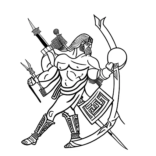A minimalist tattoo of a Greek warrior in battle, inspired by ancient mythology and history tattoo design idea