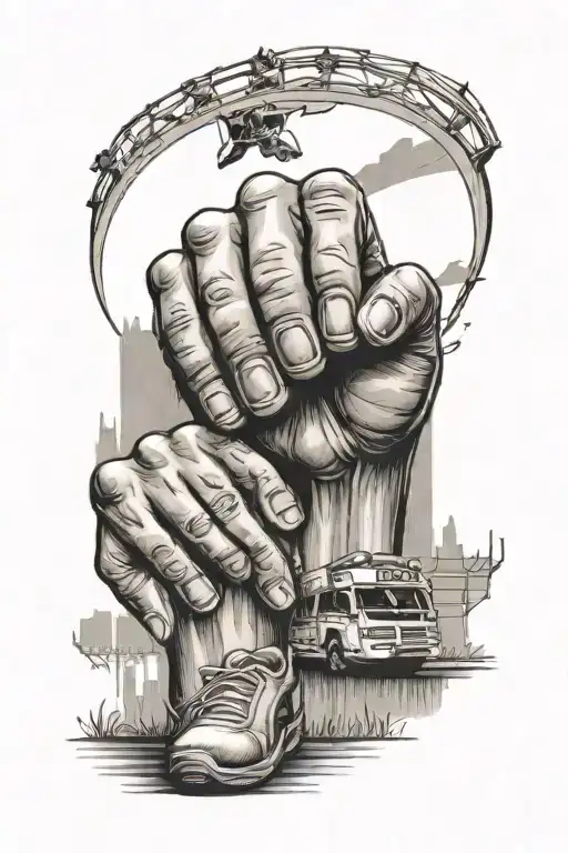 A symbolic tattoo of a father's hand holding his child's hand while walking towards a sports stadium, representing the client's dedication to being a supportive dad and enjoying sports with his kids tattoo design idea