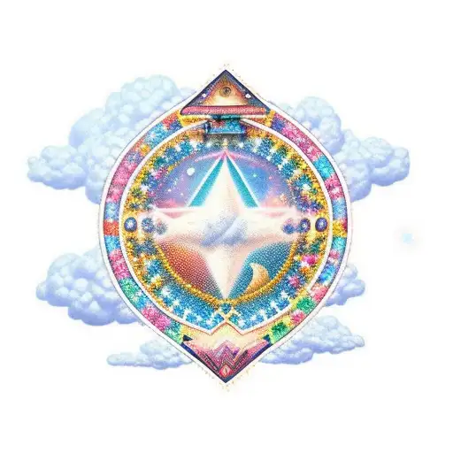 Tren de carga con corazones hecho de caramelo en un cielo con nubes de algodón y estrellas como piñatas a color tattoo design idea