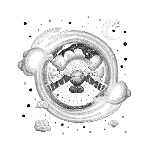 Tren de carga con corazones hecho de caramelo en un cielo con nubes de algodón y estrellas como piñatas a color tattoo design idea