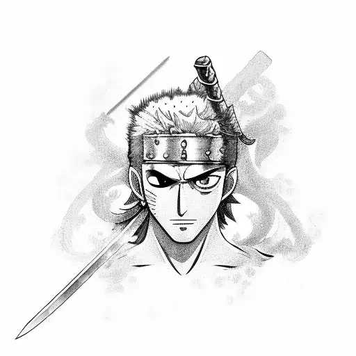 zoro sword with his earings on the sword and an egal standing on it tattoo design idea