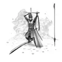 zoro sword with his earings on the sword and an egal standing on it tattoo design idea