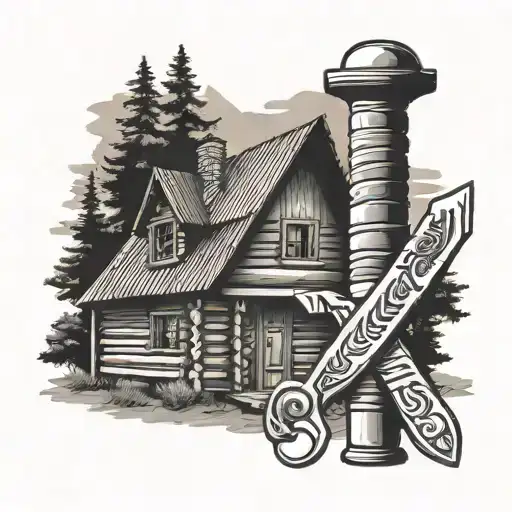 log cabin, barber pole, knife, straight razor, sharpening tattoo design idea