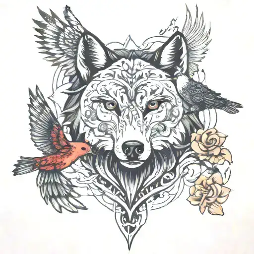 wolf, bear, eagle, and hummingbird hovering tattoo design idea