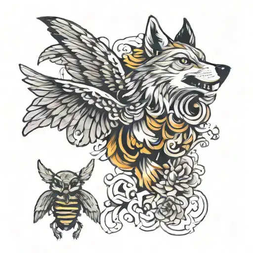 wolf, bear, eagle ho, and hummingbird hovering bee surrounded by swirling tattoo design idea