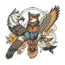 wolf, bear, eagle hovering, and hummingbird hovering tattoo design idea