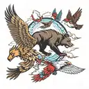 wolf, bear, eagle hovering, and hummingbird hovering tattoo design idea