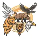 wolf, bear, eagle hovering, and hummingbird hovering tattoo design idea