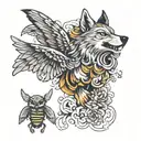 wolf, bear, eagle ho, and hummingbird hovering bee surrounded by swirling tattoo design idea