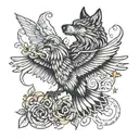 wolf, bear, eagle ho, and hummingbird hovering bee surrounded by swirling tattoo design idea