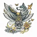 wolf, bear, eagle ho, and hummingbird hovering bee surrounded by swirling tattoo design idea