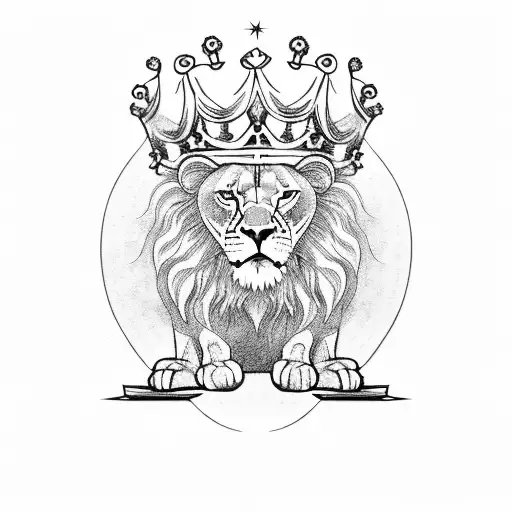 A lion sitting on a throne, wearing a crown, with the sun shining behind it tattoo design idea