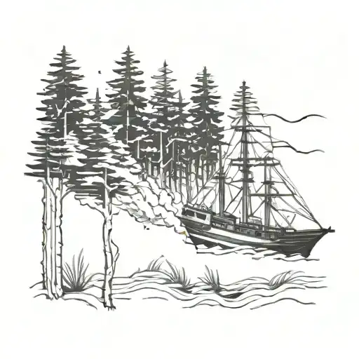 battleship , pine forest trees tattoo design idea