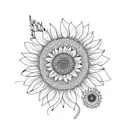 a sunflower, willow tree branch, and meadow flowers tattoo design idea