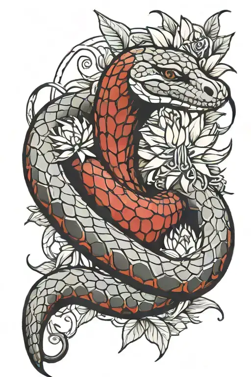 mamba snake with broken chain wrapped around it and protea flowers  tattoo design idea