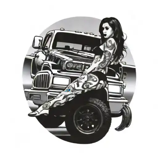 lifted dodge truck on nice rims parked for a picture with a girl in a bikini laying on the truck tattoo design idea