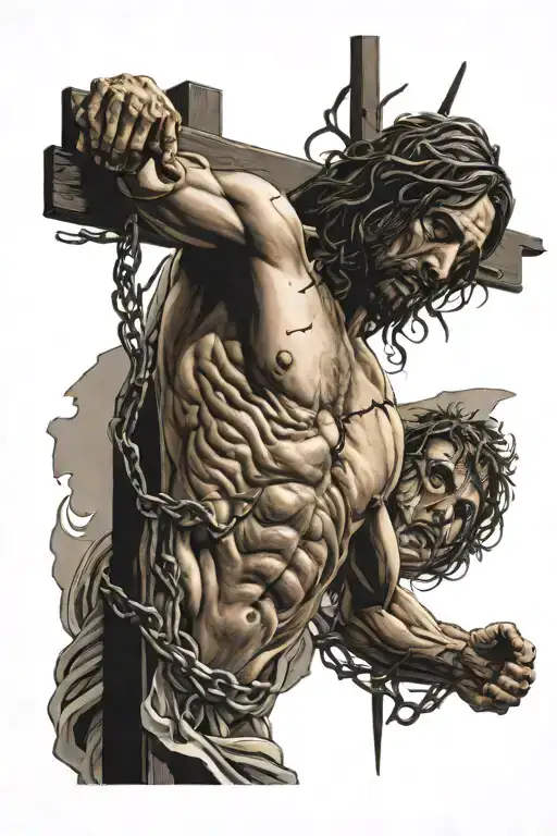 Muscular ripped jesus crucified on a barbed cross tattoo design idea